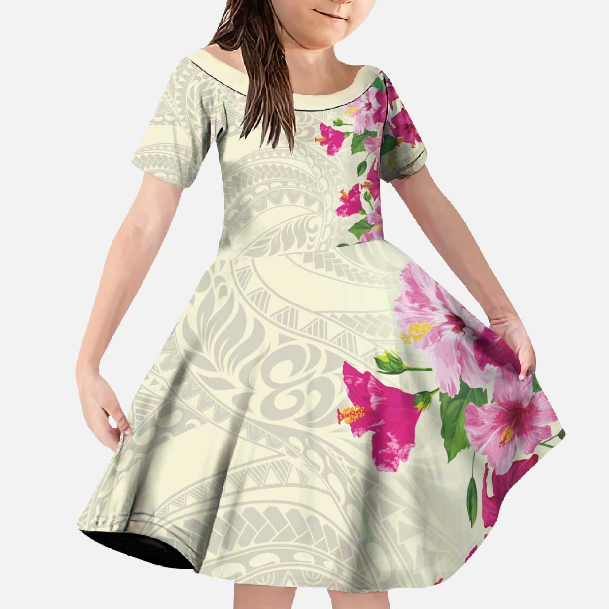 Hawaiian Hibiscus and Art Polynesian Tattoo Family Matching Off The Shoulder Long Sleeve Dress and Hawaiian Shirt Beige Color LT03 Daughter's Dress Beige - Polynesian Pride