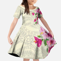 Hawaiian Hibiscus and Art Polynesian Tattoo Family Matching Off The Shoulder Long Sleeve Dress and Hawaiian Shirt Beige Color LT03 Daughter's Dress Beige - Polynesian Pride
