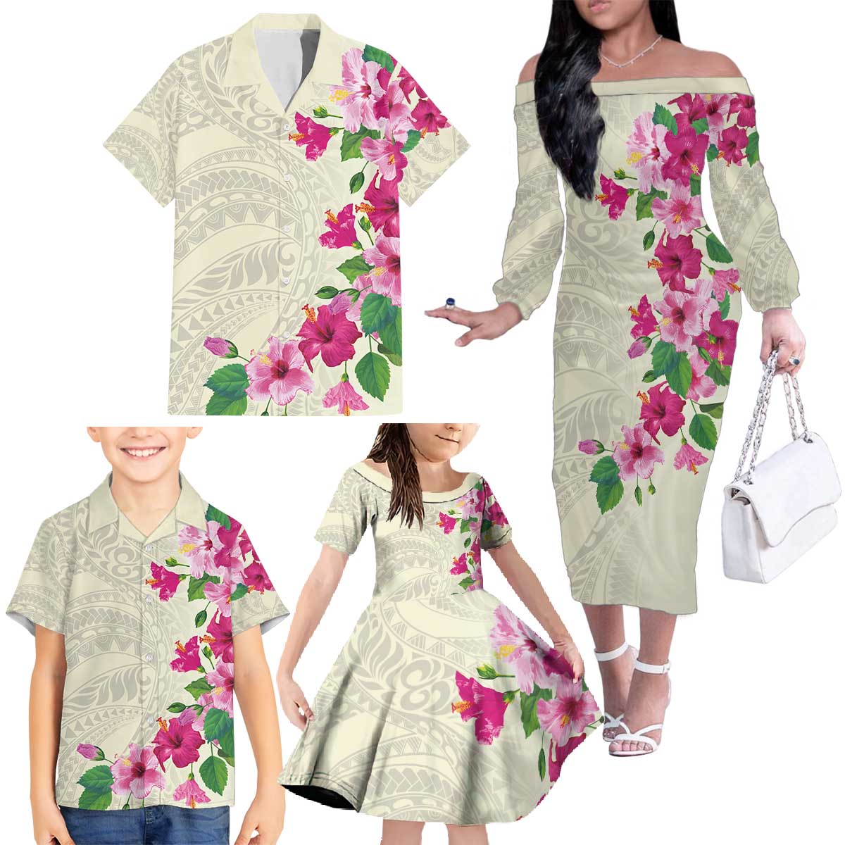 Hawaiian Hibiscus and Art Polynesian Tattoo Family Matching Off The Shoulder Long Sleeve Dress and Hawaiian Shirt Beige Color LT03 - Polynesian Pride