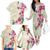 Hawaiian Hibiscus and Art Polynesian Tattoo Family Matching Off The Shoulder Long Sleeve Dress and Hawaiian Shirt Beige Color LT03 - Polynesian Pride