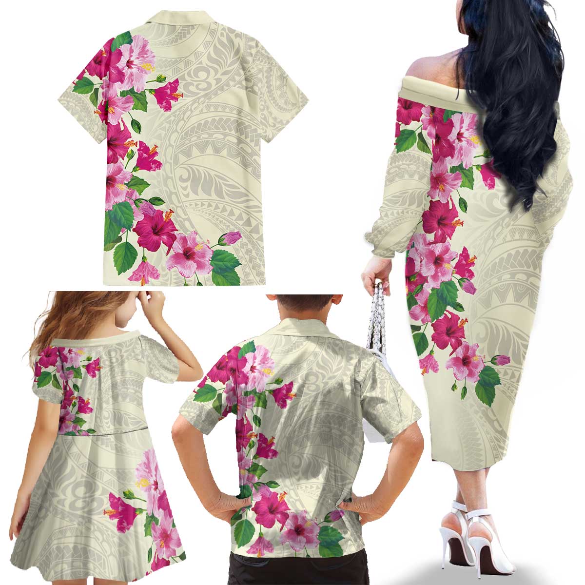 Hawaiian Hibiscus and Art Polynesian Tattoo Family Matching Off The Shoulder Long Sleeve Dress and Hawaiian Shirt Beige Color LT03 - Polynesian Pride