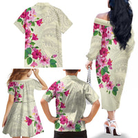 Hawaiian Hibiscus and Art Polynesian Tattoo Family Matching Off The Shoulder Long Sleeve Dress and Hawaiian Shirt Beige Color LT03 - Polynesian Pride