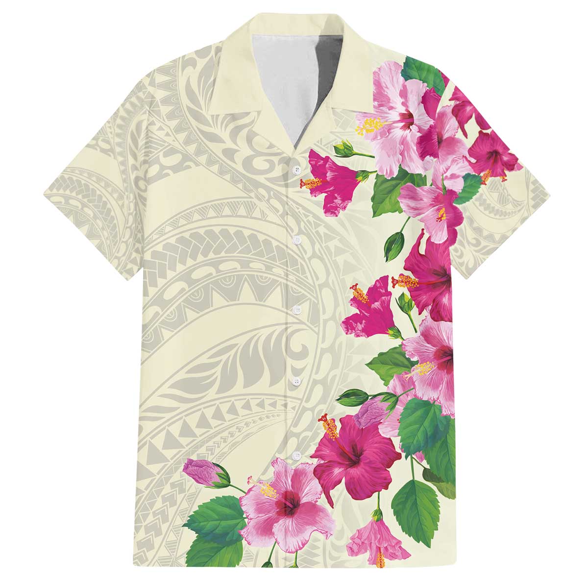 Hawaiian Hibiscus and Art Polynesian Tattoo Family Matching Off The Shoulder Long Sleeve Dress and Hawaiian Shirt Beige Color LT03 Dad's Shirt - Short Sleeve Beige - Polynesian Pride