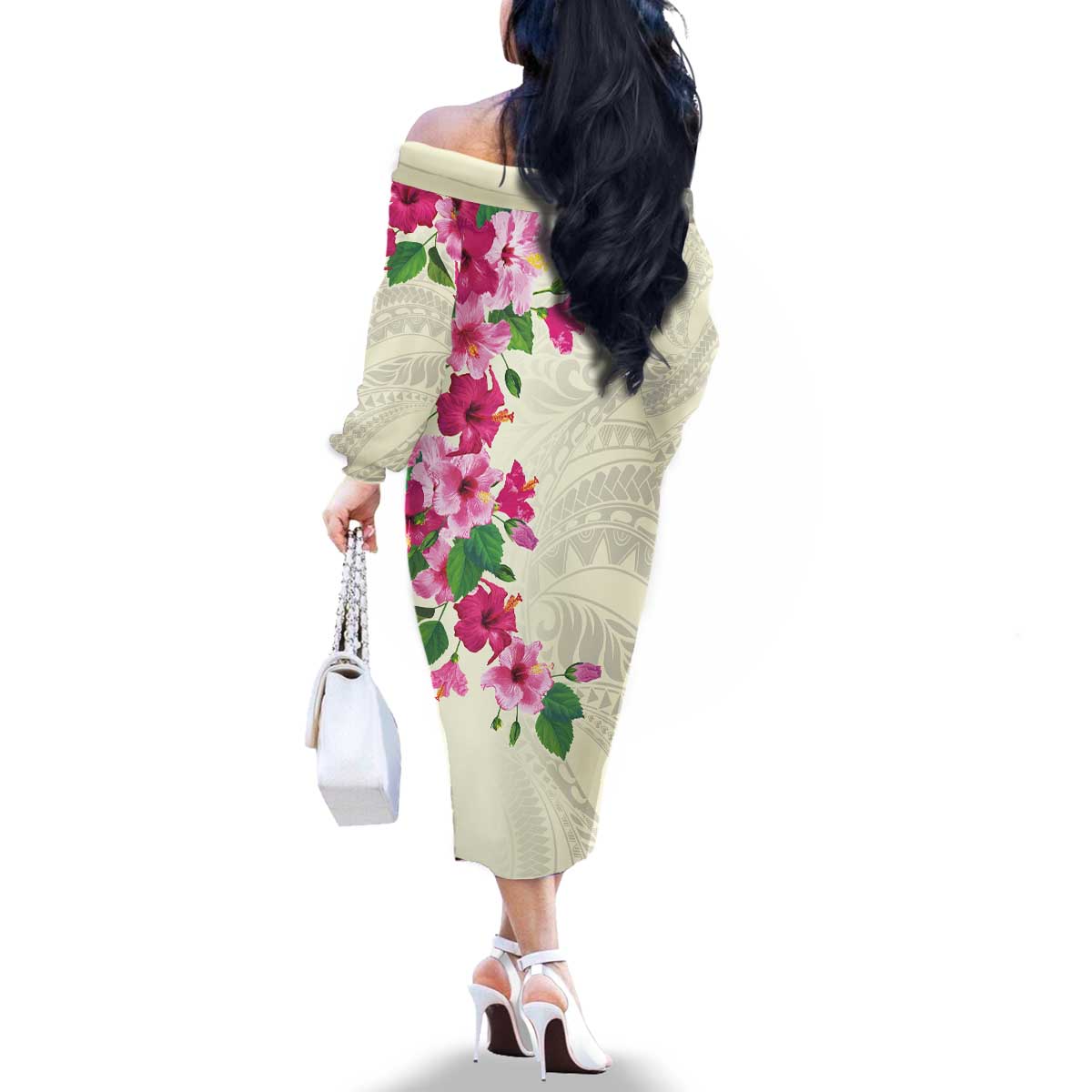 Hawaiian Hibiscus and Art Polynesian Tattoo Family Matching Off The Shoulder Long Sleeve Dress and Hawaiian Shirt Beige Color LT03 - Polynesian Pride