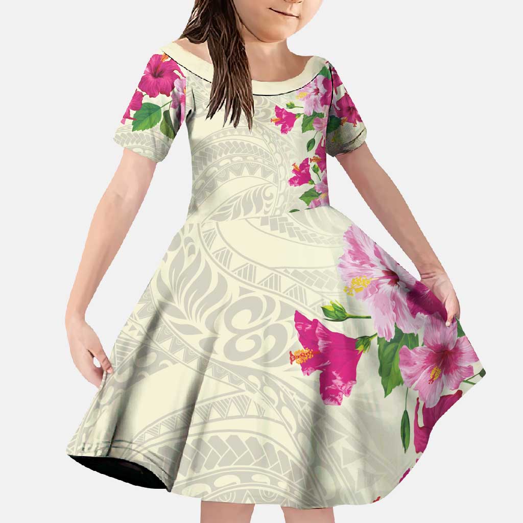 Hawaiian Hibiscus and Art Polynesian Tattoo Family Matching Off Shoulder Maxi Dress and Hawaiian Shirt Beige Color LT03 Daughter's Dress Beige - Polynesian Pride