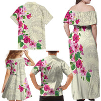 Hawaiian Hibiscus and Art Polynesian Tattoo Family Matching Off Shoulder Maxi Dress and Hawaiian Shirt Beige Color LT03 - Polynesian Pride