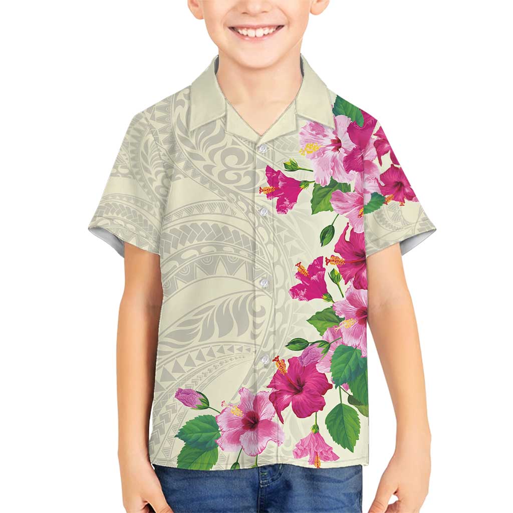 Hawaiian Hibiscus and Art Polynesian Tattoo Family Matching Off Shoulder Maxi Dress and Hawaiian Shirt Beige Color LT03 Son's Shirt Beige - Polynesian Pride