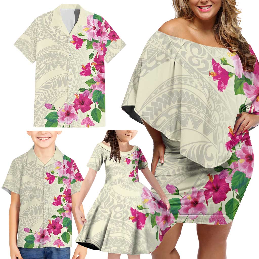 Hawaiian Hibiscus and Art Polynesian Tattoo Family Matching Off Shoulder Short Dress and Hawaiian Shirt Beige Color LT03 - Polynesian Pride