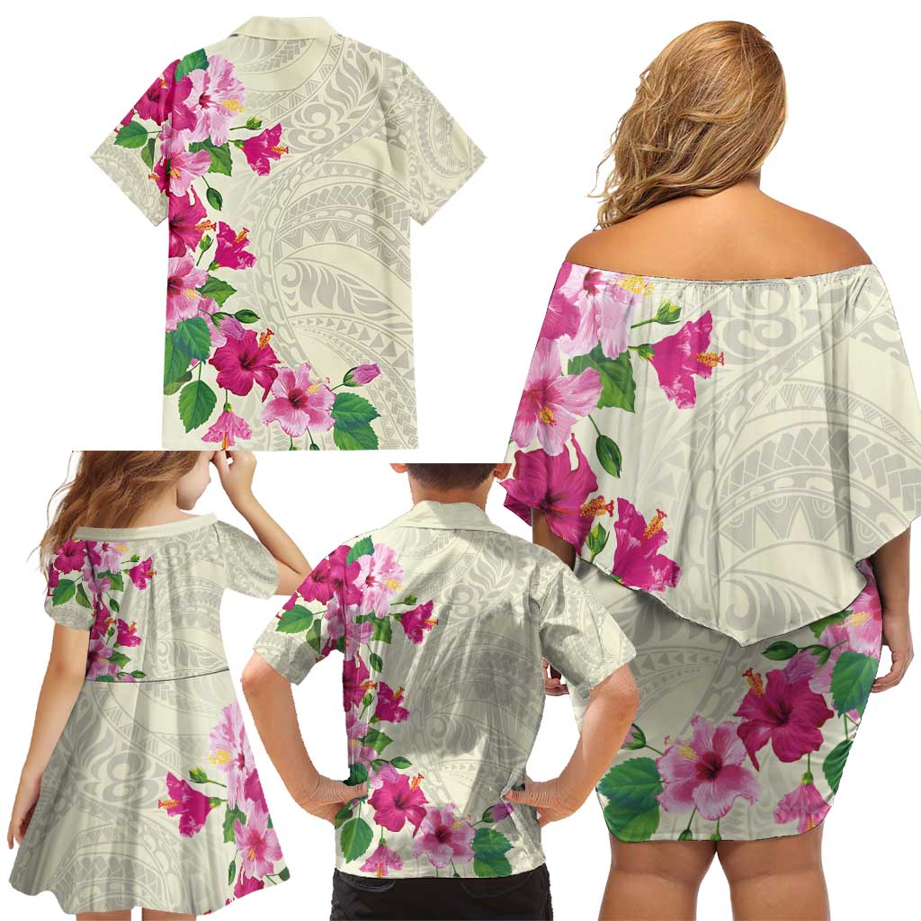 Hawaiian Hibiscus and Art Polynesian Tattoo Family Matching Off Shoulder Short Dress and Hawaiian Shirt Beige Color LT03 - Polynesian Pride