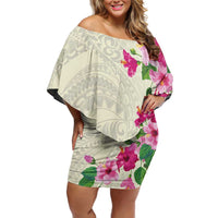 Hawaiian Hibiscus and Art Polynesian Tattoo Family Matching Off Shoulder Short Dress and Hawaiian Shirt Beige Color LT03 Mom's Dress Beige - Polynesian Pride