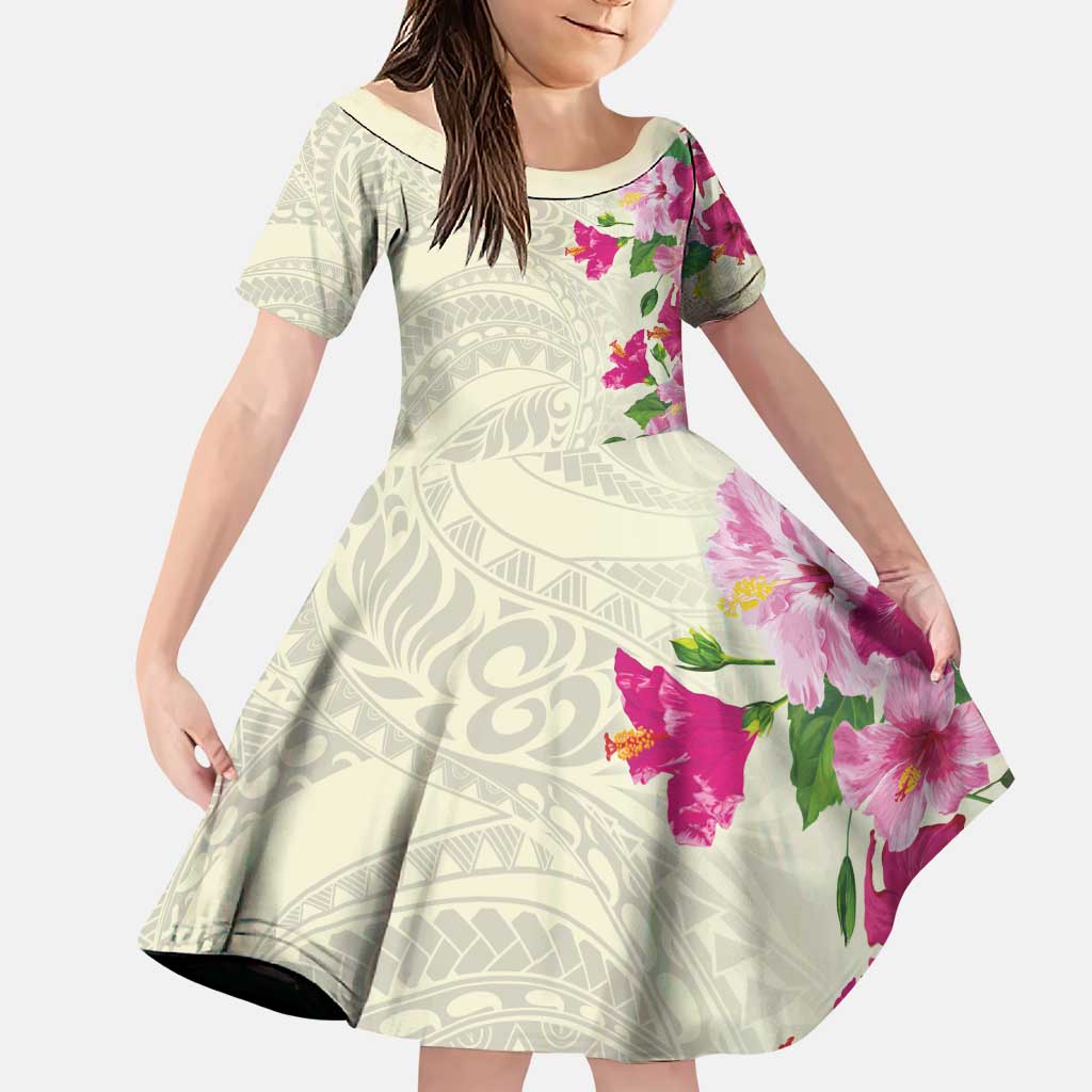 Hawaiian Hibiscus and Art Polynesian Tattoo Family Matching Puletasi and Hawaiian Shirt Beige Color LT03 Daughter's Dress Beige - Polynesian Pride