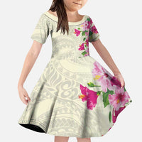 Hawaiian Hibiscus and Art Polynesian Tattoo Family Matching Puletasi and Hawaiian Shirt Beige Color LT03 Daughter's Dress Beige - Polynesian Pride