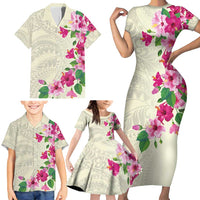 Hawaiian Hibiscus and Art Polynesian Tattoo Family Matching Short Sleeve Bodycon Dress and Hawaiian Shirt Beige Color LT03 - Polynesian Pride
