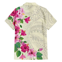 Hawaiian Hibiscus and Art Polynesian Tattoo Family Matching Short Sleeve Bodycon Dress and Hawaiian Shirt Beige Color LT03 - Polynesian Pride