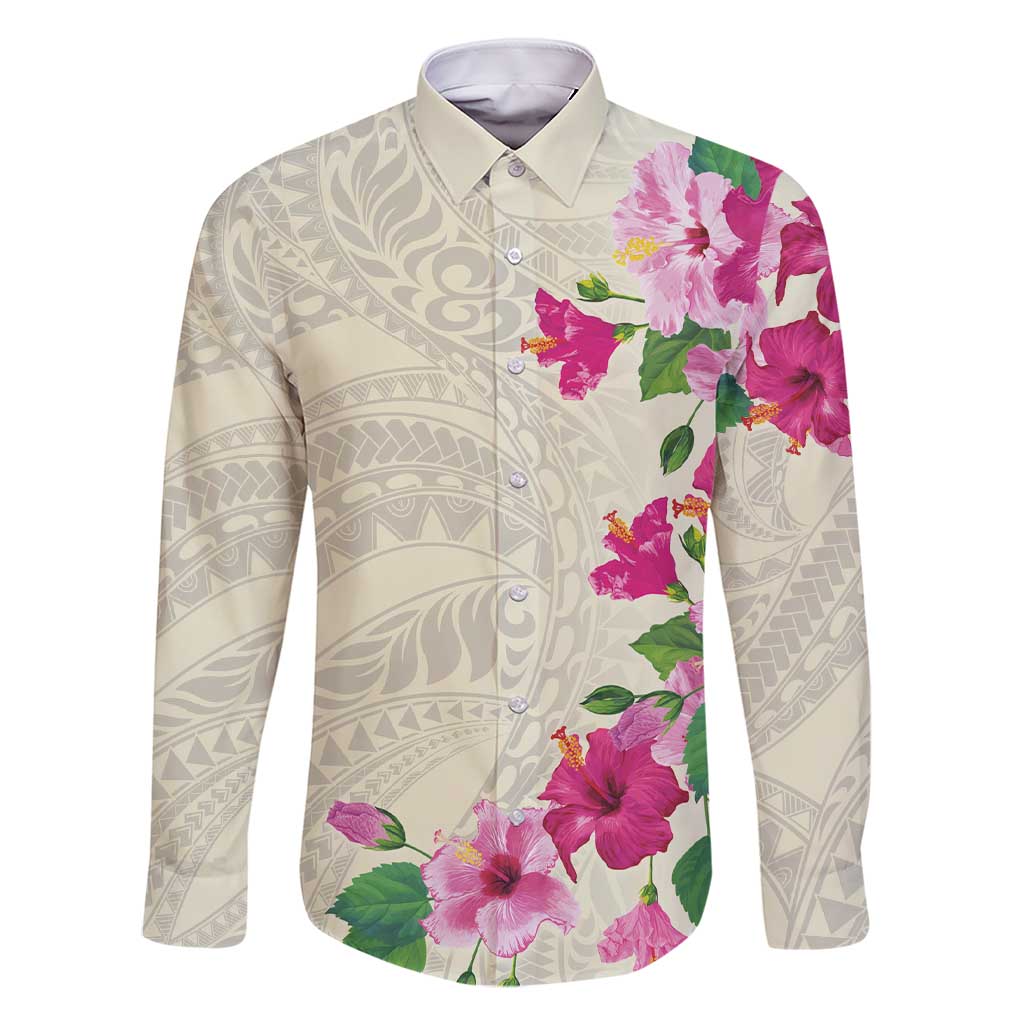 Hawaiian Hibiscus and Art Polynesian Tattoo Family Matching Short Sleeve Bodycon Dress and Hawaiian Shirt Beige Color LT03 Dad's Shirt - Long Sleeve Beige - Polynesian Pride