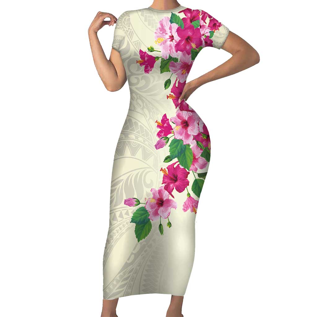 Hawaiian Hibiscus and Art Polynesian Tattoo Family Matching Short Sleeve Bodycon Dress and Hawaiian Shirt Beige Color LT03 Mom's Dress Beige - Polynesian Pride
