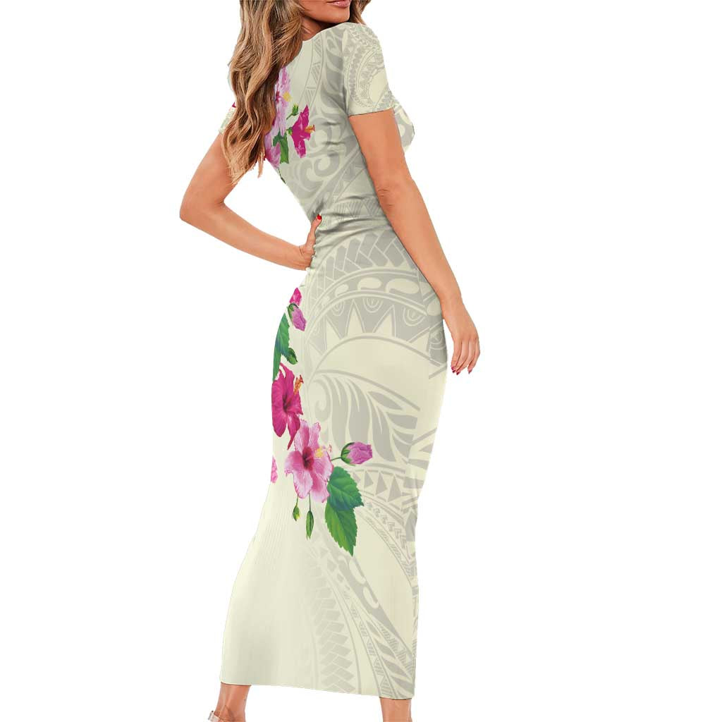 Hawaiian Hibiscus and Art Polynesian Tattoo Family Matching Short Sleeve Bodycon Dress and Hawaiian Shirt Beige Color LT03 - Polynesian Pride