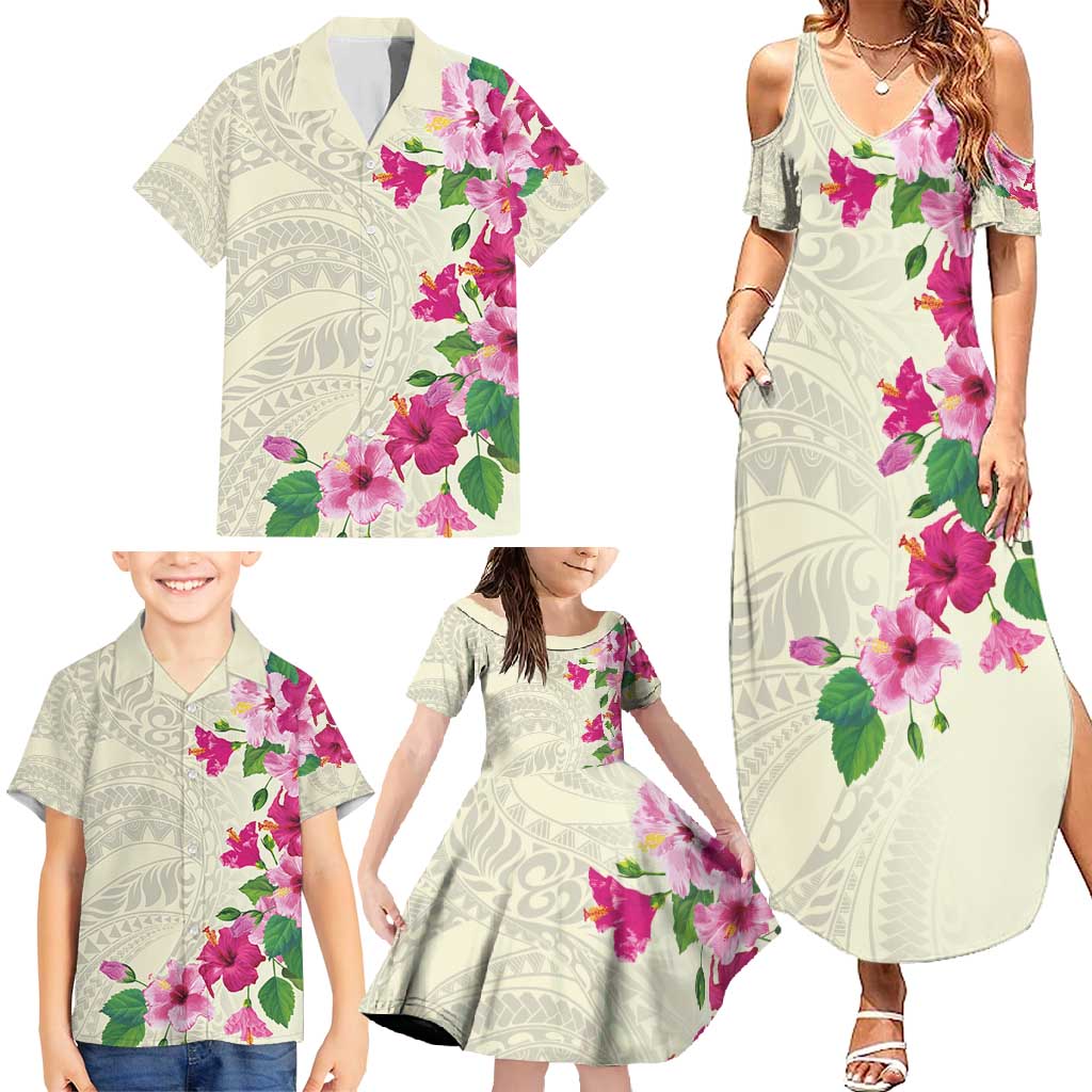 Hawaiian Hibiscus and Art Polynesian Tattoo Family Matching Summer Maxi Dress and Hawaiian Shirt Beige Color LT03 - Polynesian Pride