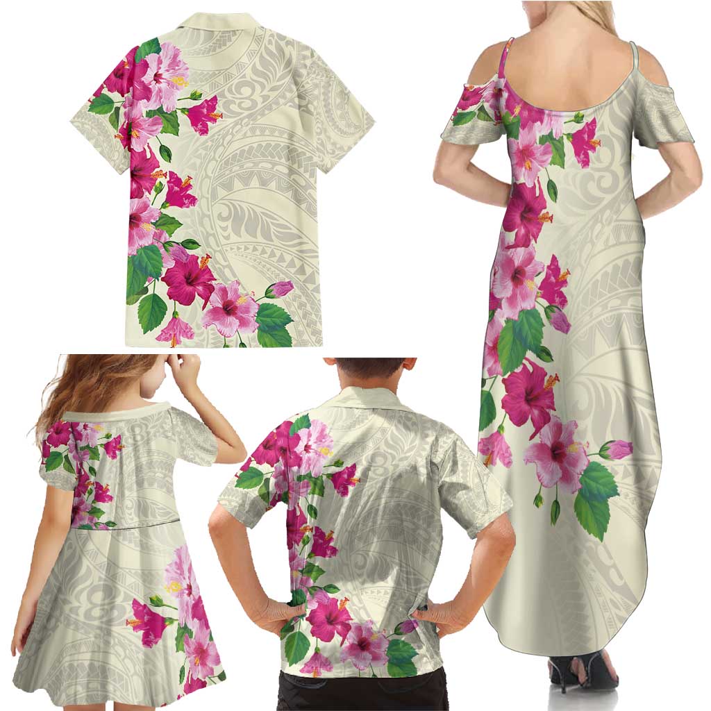 Hawaiian Hibiscus and Art Polynesian Tattoo Family Matching Summer Maxi Dress and Hawaiian Shirt Beige Color LT03 - Polynesian Pride