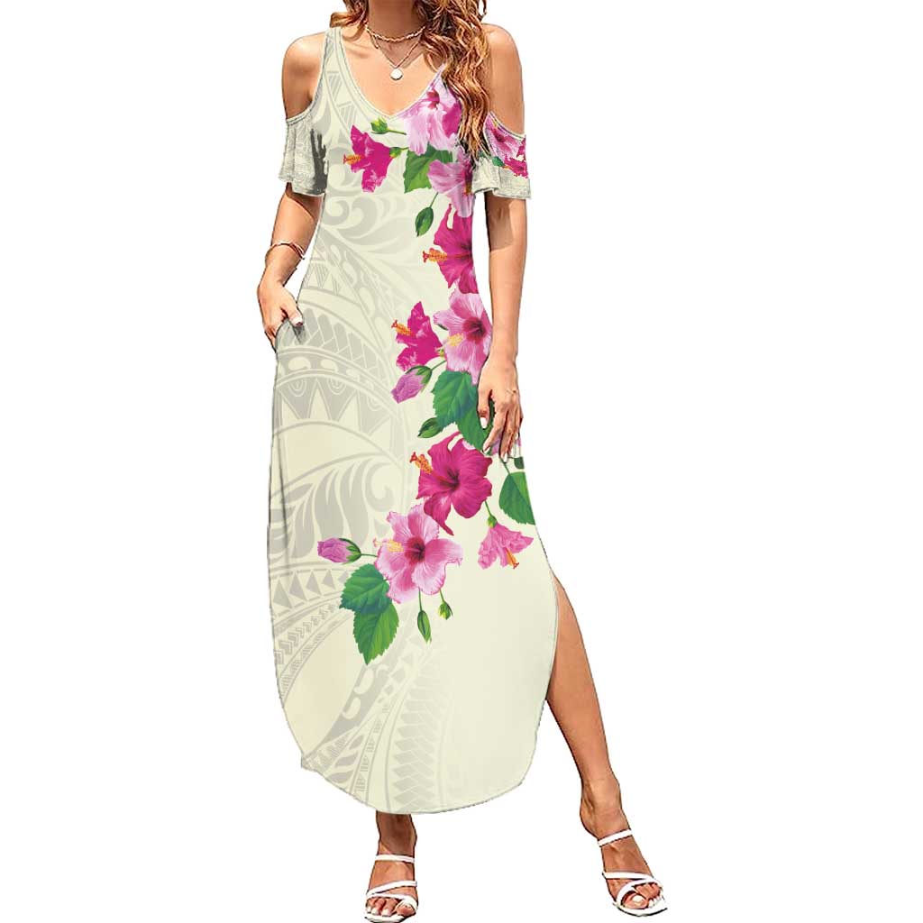 Hawaiian Hibiscus and Art Polynesian Tattoo Family Matching Summer Maxi Dress and Hawaiian Shirt Beige Color LT03 Mom's Dress Beige - Polynesian Pride