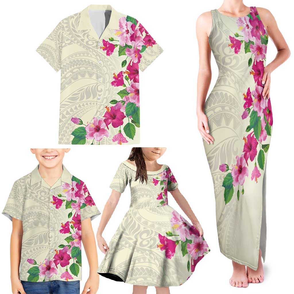 Hawaiian Hibiscus and Art Polynesian Tattoo Family Matching Tank Maxi Dress and Hawaiian Shirt Beige Color LT03 - Polynesian Pride