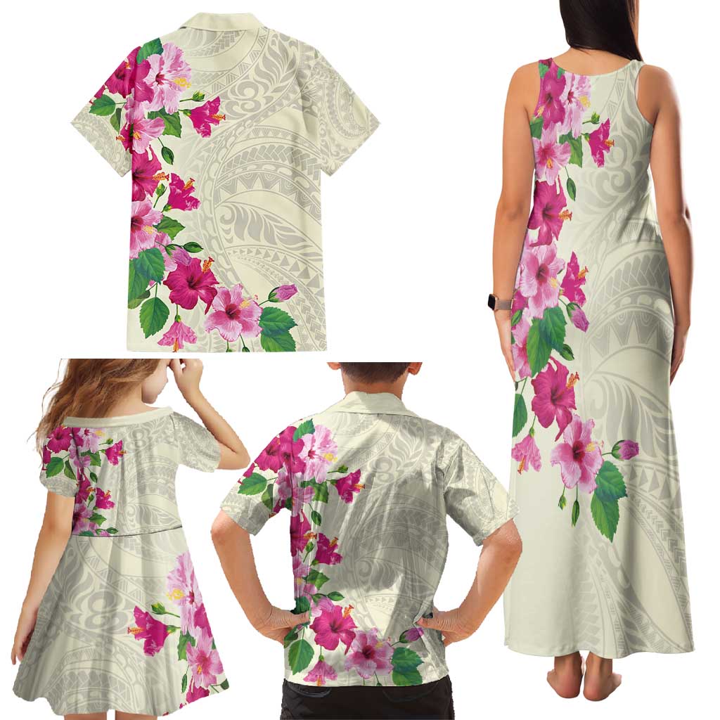 Hawaiian Hibiscus and Art Polynesian Tattoo Family Matching Tank Maxi Dress and Hawaiian Shirt Beige Color LT03 - Polynesian Pride