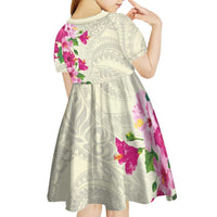 Hawaiian Hibiscus and Art Polynesian Tattoo Kid Short Sleeve Dress Beige Color