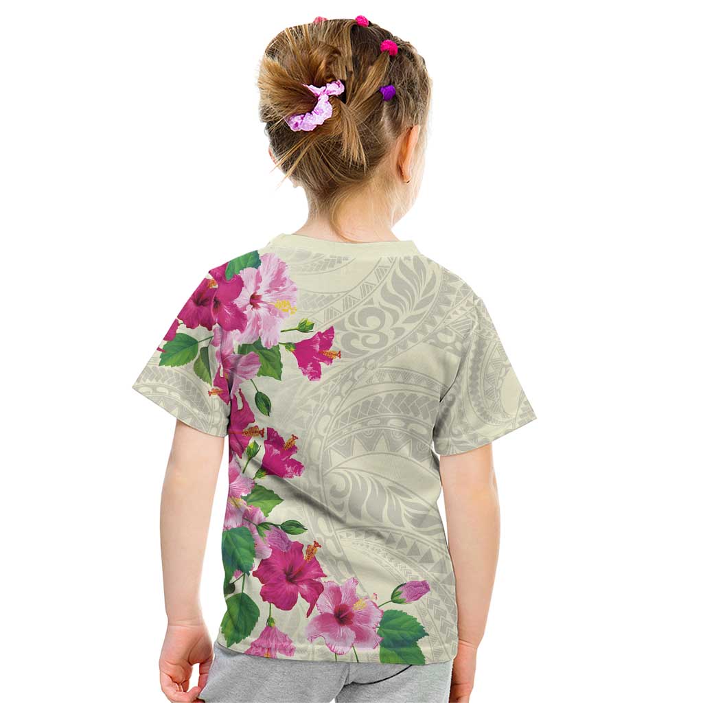 Hawaiian Hibiscus and Art Polynesian Tattoo Kid T Shirt Beige Color
