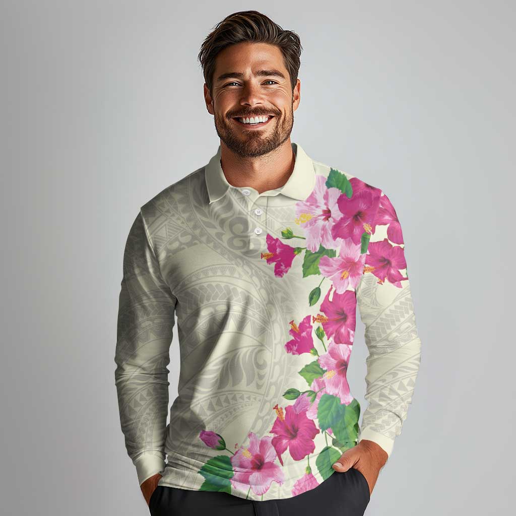 Hawaiian Hibiscus and Art Polynesian Tattoo Long Sleeve Polo Shirt Beige Color