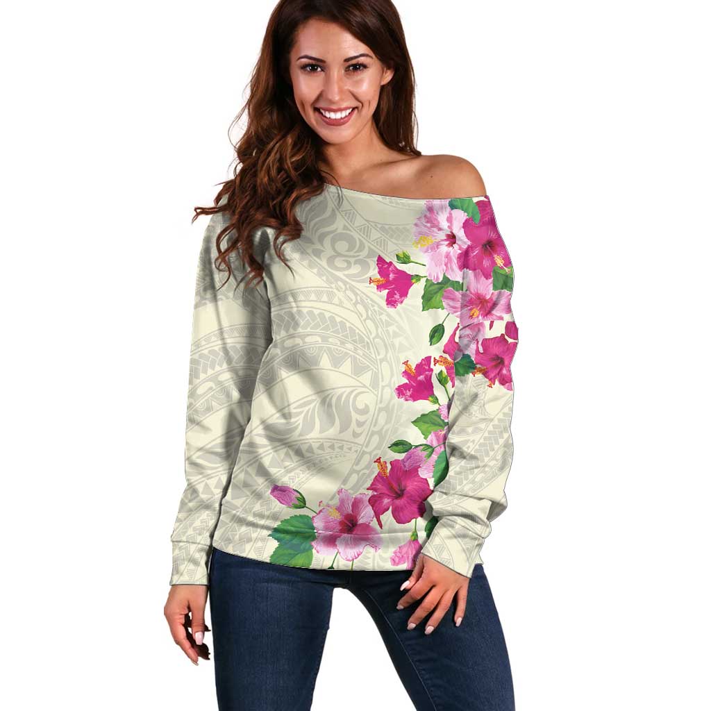 Hawaiian Hibiscus and Art Polynesian Tattoo Off Shoulder Sweater Beige Color LT03 Women Beige - Polynesian Pride