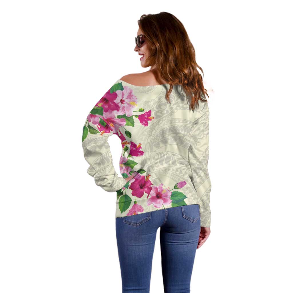 Hawaiian Hibiscus and Art Polynesian Tattoo Off Shoulder Sweater Beige Color LT03 - Polynesian Pride