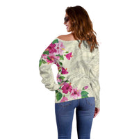 Hawaiian Hibiscus and Art Polynesian Tattoo Off Shoulder Sweater Beige Color LT03 - Polynesian Pride