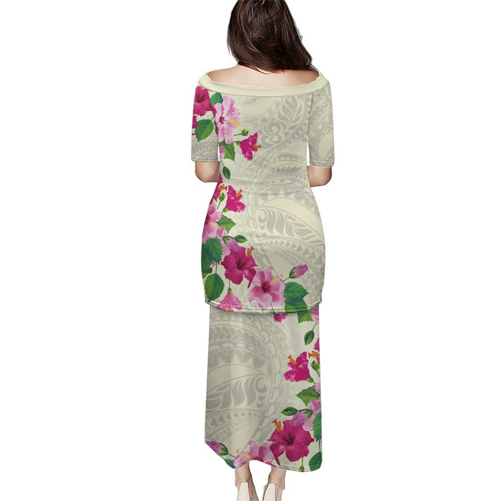 Hawaiian Hibiscus and Art Polynesian Tattoo Puletasi Beige Color LT03 - Polynesian Pride
