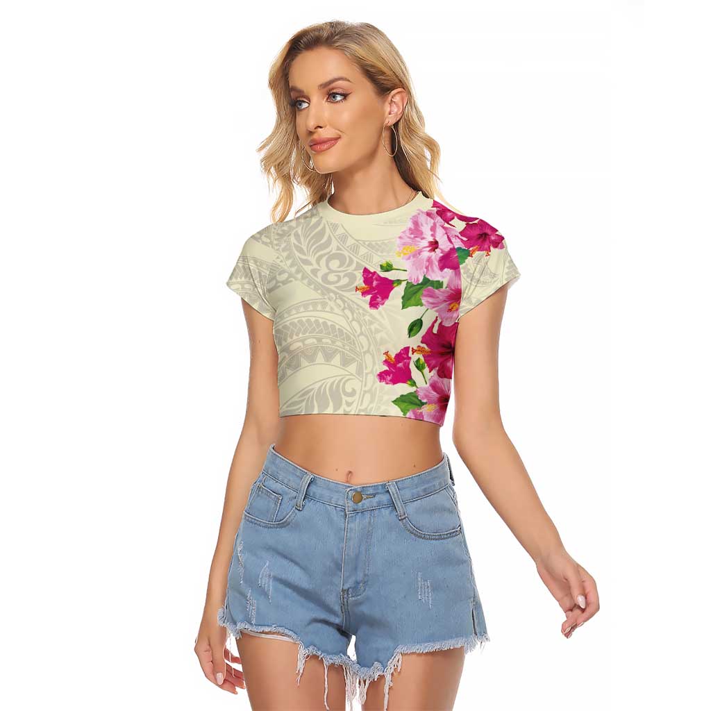 Hawaiian Hibiscus and Art Polynesian Tattoo Raglan Cropped T Shirt Beige Color
