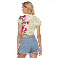 Hawaiian Hibiscus and Art Polynesian Tattoo Raglan Cropped T Shirt Beige Color