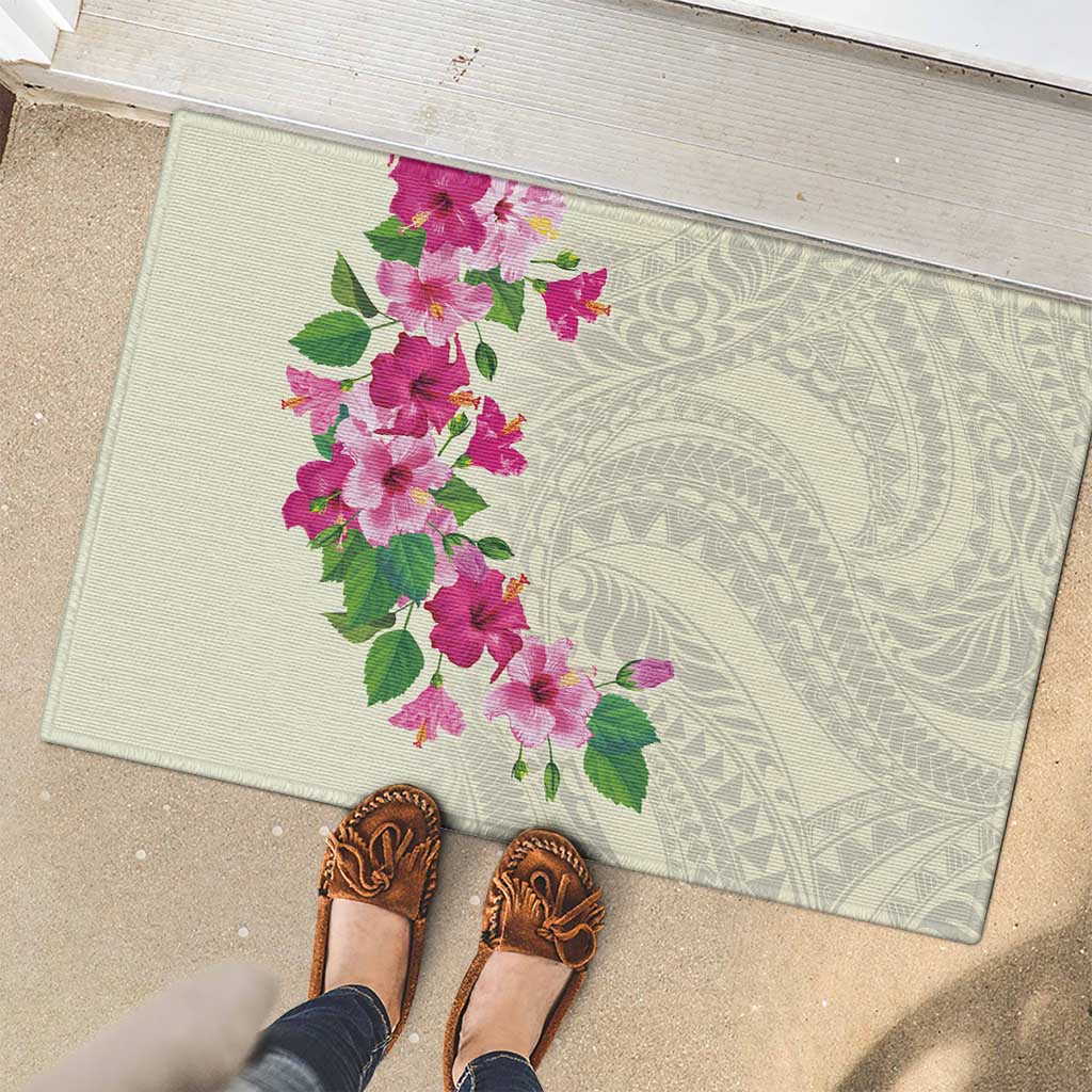 Hawaiian Hibiscus and Art Polynesian Tattoo Rubber Doormat Beige Color