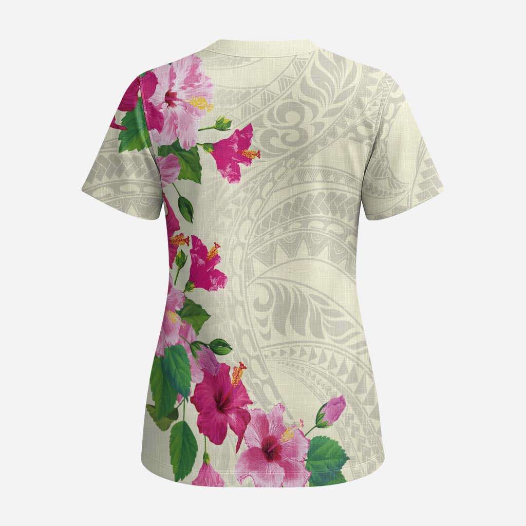 Hawaiian Hibiscus and Art Polynesian Tattoo Scrub Top Beige Color - Polynesian Pride