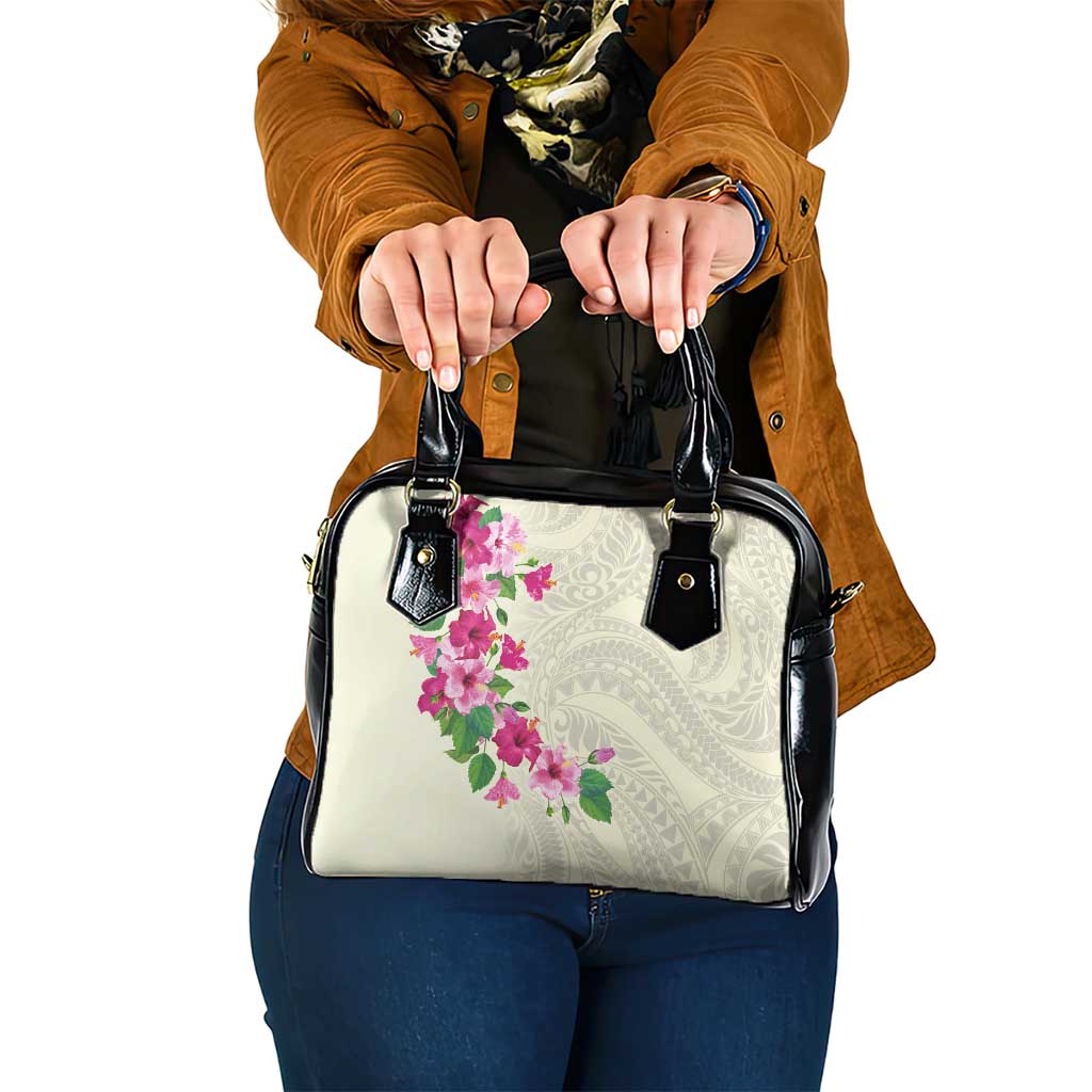 Hawaiian Hibiscus and Art Polynesian Tattoo Shoulder Handbag Beige Color