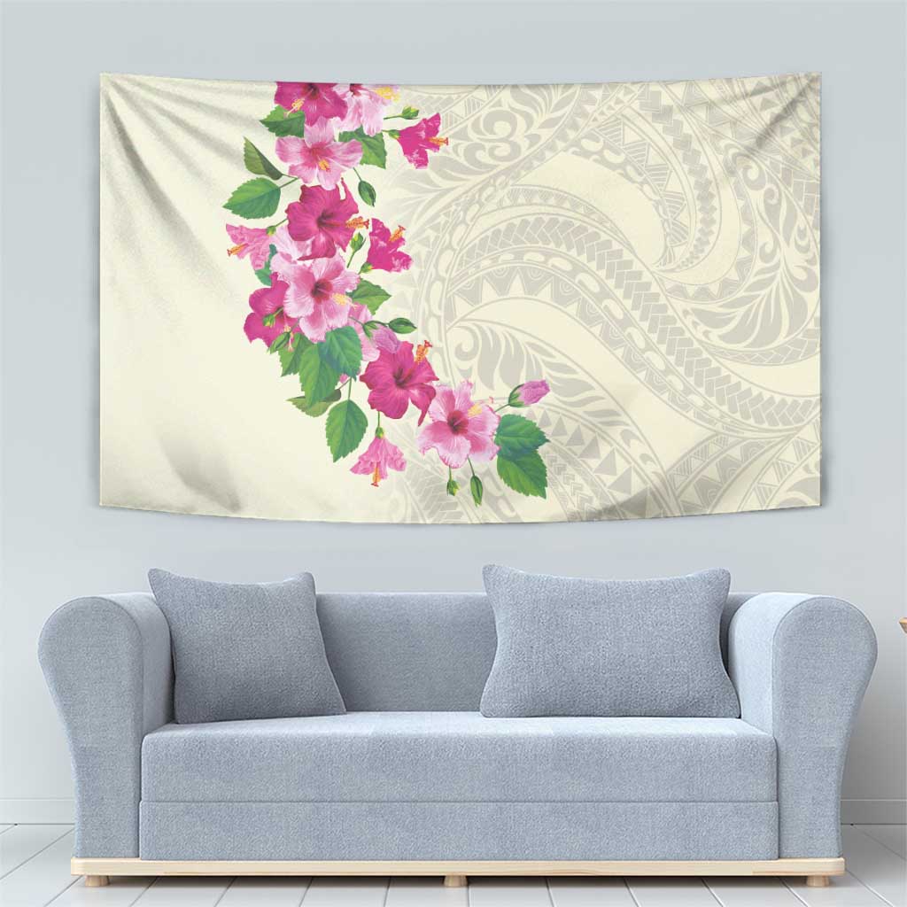 Hawaiian Hibiscus and Art Polynesian Tattoo Tapestry Beige Color