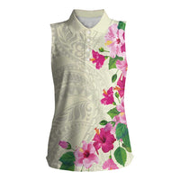 Hawaiian Hibiscus and Art Polynesian Tattoo Women Sleeveless Polo Shirt Beige Color