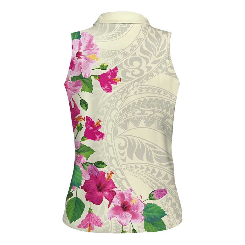 Hawaiian Hibiscus and Art Polynesian Tattoo Women Sleeveless Polo Shirt Beige Color