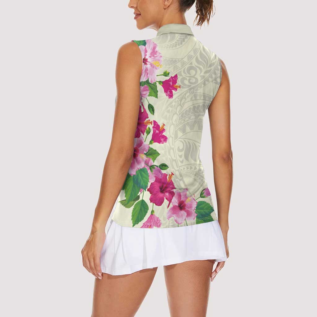 Hawaiian Hibiscus and Art Polynesian Tattoo Women Sleeveless Polo Shirt Beige Color