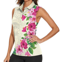 Hawaiian Hibiscus and Art Polynesian Tattoo Women Sleeveless Polo Shirt Beige Color
