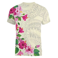 Hawaiian Hibiscus and Art Polynesian Tattoo Women V-Neck T-Shirt Beige Color