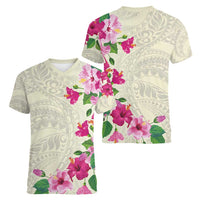 Hawaiian Hibiscus and Art Polynesian Tattoo Women V-Neck T-Shirt Beige Color