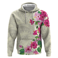 Hawaiian Hibiscus and Art Polynesian Tattoo Zip Hoodie Beige Color