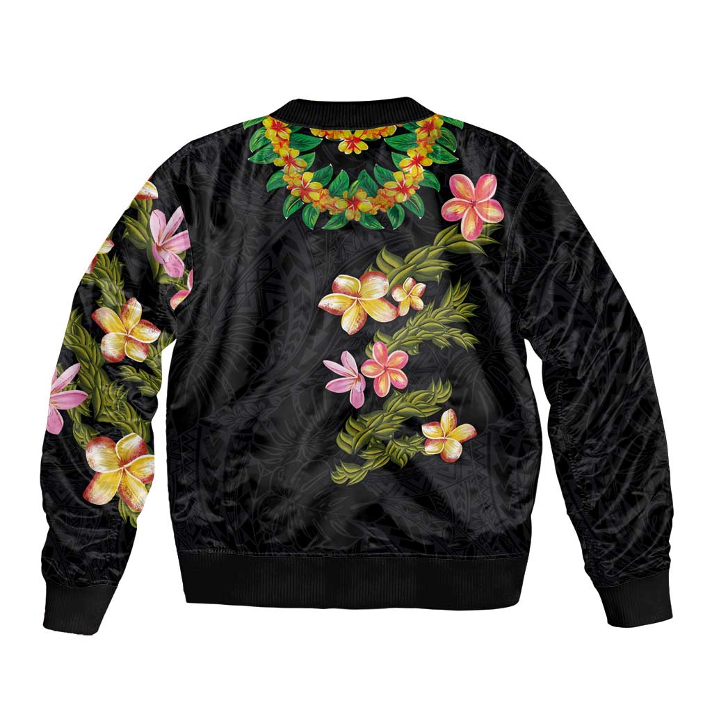 Hawaiian Lei Plumeria and Tropical Leaves Bomber Jacket Watercolor Style LT03 - Polynesian Pride