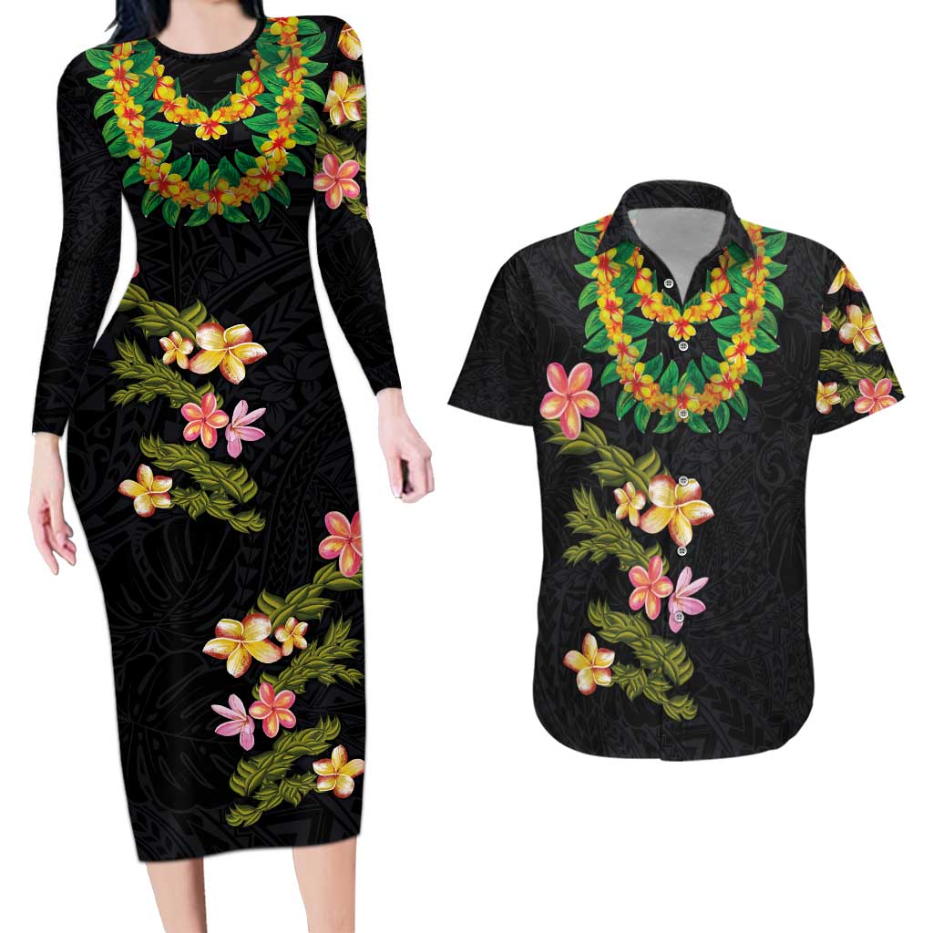 Hawaiian Lei Plumeria and Tropical Leaves Couples Matching Long Sleeve Bodycon Dress and Hawaiian Shirt Watercolor Style LT03 Black - Polynesian Pride