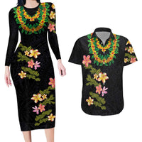 Hawaiian Lei Plumeria and Tropical Leaves Couples Matching Long Sleeve Bodycon Dress and Hawaiian Shirt Watercolor Style LT03 Black - Polynesian Pride