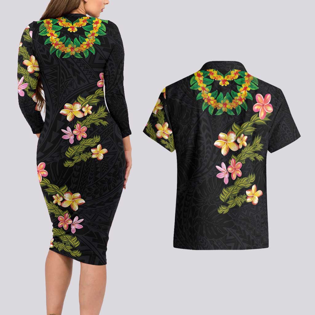 Hawaiian Lei Plumeria and Tropical Leaves Couples Matching Long Sleeve Bodycon Dress and Hawaiian Shirt Watercolor Style LT03 - Polynesian Pride